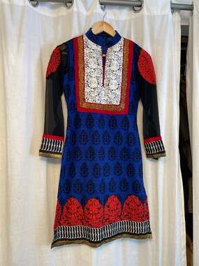 Blue Embroidered Kurti Tunic with Sheer Sleeves Size XS/S